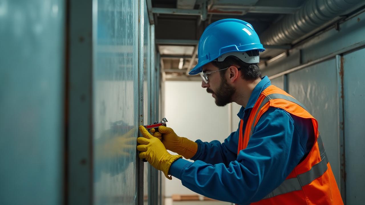 Opérateur Cordiste Île-de-France certifié SS3 effectuant un retrait d'amiante en zone confinée à Paris, équipé de combinaison, masque filtrant et gants étanches