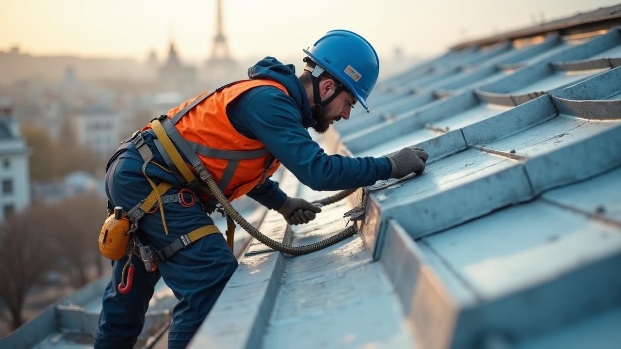 Cordiste Cordiste Île-de-France intervenant sur une toiture zinc d'immeuble parisien avec la Tour Eiffel en arrière-plan, harnais et casque de sécurité réglementaires