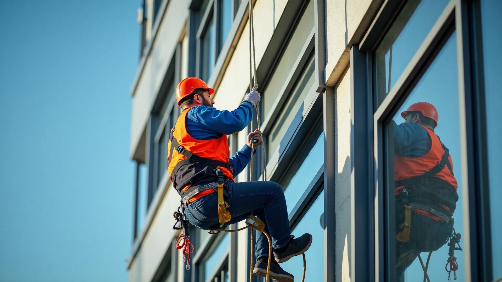 Cordiste intervenant en rappel sur façade d'immeuble à Paris, équipé d'un harnais professionnel et d'un casque de sécurité orange